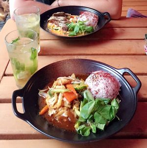 Evil tofu (front) and Shady duck (back) at Nora's Garden in Berlin