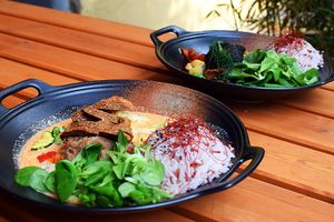 Vegan chicken and fish at Nora's Garden in Berlin