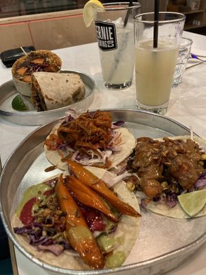 Burrito: crispy yam. Tacos: crispy avocado, crispy yam, seared glazed carrots. House made lemonade and ginger beer   at The Taco Club in Revelstoke