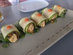 Grilled Zucchini Rolls with Fava at Katharos Lounge in Santorini