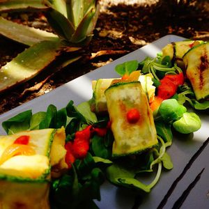 Zucchini rolls with Fava and a spicy roasted red pepper sauce at Katharos Lounge in Santorini