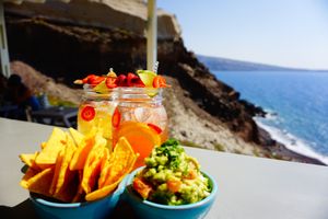 guacamole & chips with sangria...chill afternoon in the sun at Katharos Lounge in Santorini