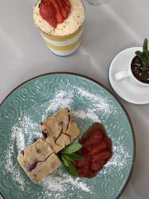 Chia and mango pudding and cake. at Katharos Lounge in Santorini