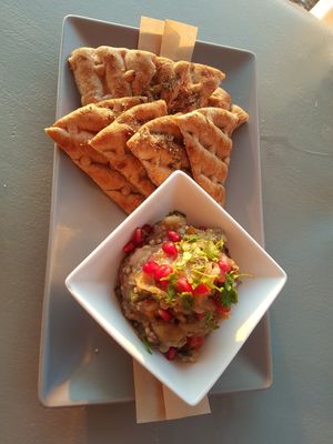 Eggplant dip and pita at Katharos Lounge in Santorini