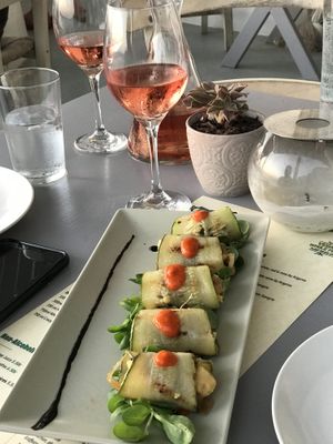 Grilled zucchini rolls with fava 😋 at Katharos Lounge in Santorini