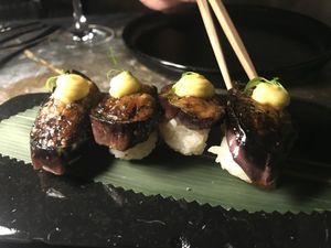 Miso glazed aubergine sushi 👨🏼‍🍳❤️ at Katharos Lounge in Santorini