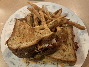 Seitan Reuben on rye with almond Parmesan fries  at Thrive Diner in Pittsfield
