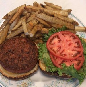 Beyond meat burger with hand cut fries at Thrive Diner in Pittsfield