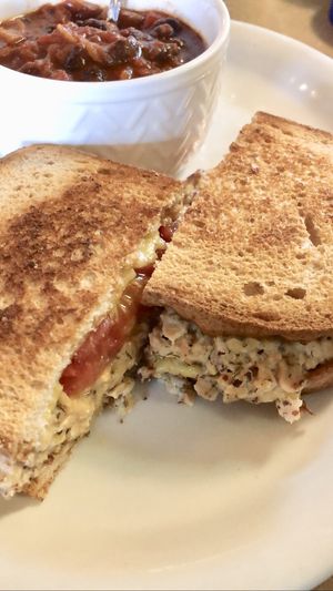 Tempeh “tuna” melt with a bowl of bean chili  at Thrive Diner in Pittsfield
