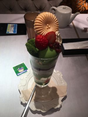 Seasonal matcha and strawberry parfait at Wired Bonbon in Tokyo