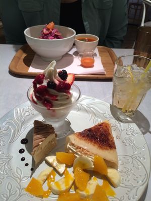 The dessert set and my friend’s salmon rice bowl in the background. at Wired Bonbon in Tokyo