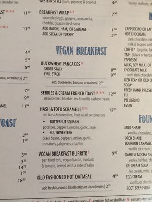 Vegan breakfast menu at Shoreline Diner and Vegetarian Enclave in Guilford