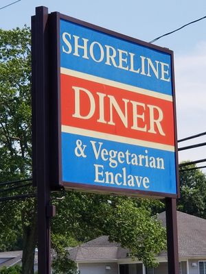 The huge billboard sign outside the restaurant advertised as a diner and vegetarian restaurant. But they no longer had a vegetarian menu or serve vegetarian food accept vegan options. at Shoreline Diner and Vegetarian Enclave in Guilford
