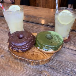 Vegan doughnuts (chocolate & matcha) plus lemonade  at Good Town Doughnuts in Tokyo