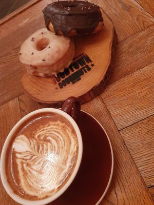 Passion Fruit doughnut, Chocolate doughnut and Almond latte at Good Town Doughnuts in Tokyo