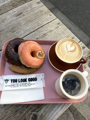 Chocolate donut, strawberry lemonade donut, oat milk latte, americano  at The Little Bakery in Tokyo