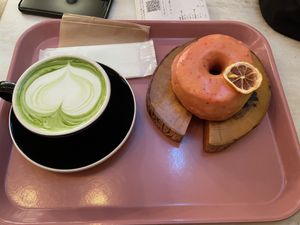 Strawberry donut and matcha latte   at The Little Bakery in Tokyo
