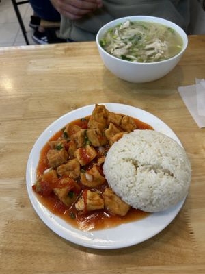 pho and tomato tofu and ricee  at V-Cuisine in Hanoi