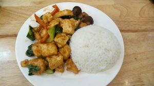 White rice, tofu with mushroom and vegetables 50.000 dongs at V-Cuisine in Hanoi