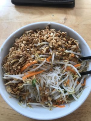 Rice Noodles with tofu, bean sprouts, peanuts, crispy fried onions, veggies and sauce at V-Cuisine in Hanoi