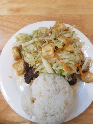 mushroom stir fry with rice at V-Cuisine in Hanoi