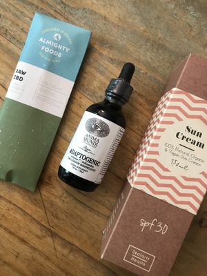 Ordered at their online store: raw cbd chocolate, adoptogenic tonic, natural vegan sun cream at Unlimited Health in Amsterdam