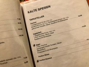 menu at Cafe Zaehringer in Zurich