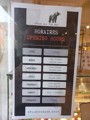Opening hours (fall 2025) at Plantigrade in Rennes