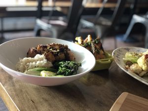 Mapo tofu and grilled pineapple sweet potatoes sides! at Plate in Stowe
