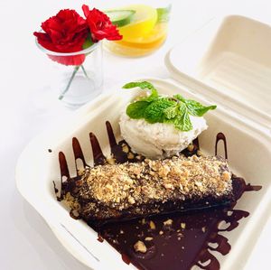 "Sublime Confection": pastry, almond butter, homemade vegan nutella, banana, chocolate sauce and ice cream. Divine  at Berbere by T&T in Santa Monica