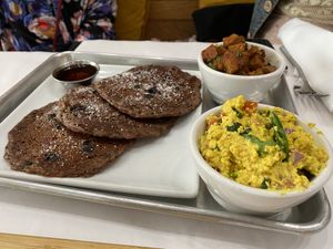 Black Seed Blueberry Teff Pancakes with roasted potatoes and tofu scramble   at Berbere by T&T in Santa Monica