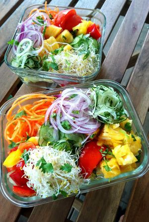 Beautiful Rainbow Colored Salad box.  
Environmental Conscious Customers prepare their own glass boxes in order to reduce plastic waste.     
NT$ 150 per box (NT$10 off if you leave your personal containers to us in advance).  at alivesalad in Kaohsiung