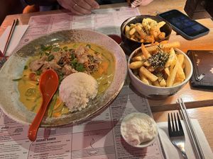 Fries and vegan curry with protein "meat"  at MoschMosch - Goetheplatz in Frankfurt