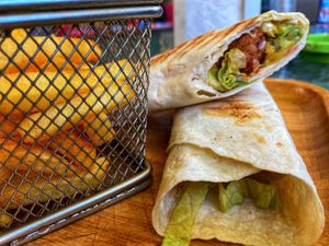 Chick’n Avocado with side fries 🌱   at Luna's Kitchen in Beirut