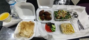 Kibbeh, hummus, fatoush, orange juice at Luna's Kitchen in Beirut