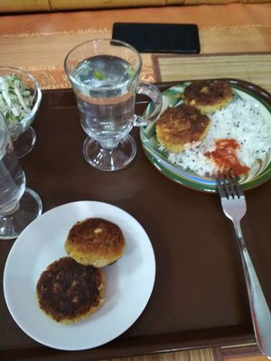 Chickpea patties with rice and tomato chatney at Kurkuma in Krasnodar