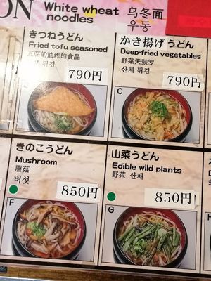 Menu in English with vegan/vegetarian options marked with green stickers at Mizuya Chaya 水谷茶屋 in Nara