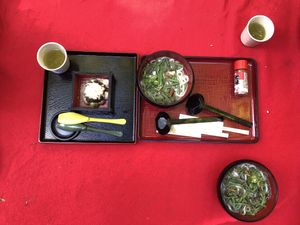   Hot vegetable udon with green tea sweets  at Mizuya Chaya 水谷茶屋 in Nara