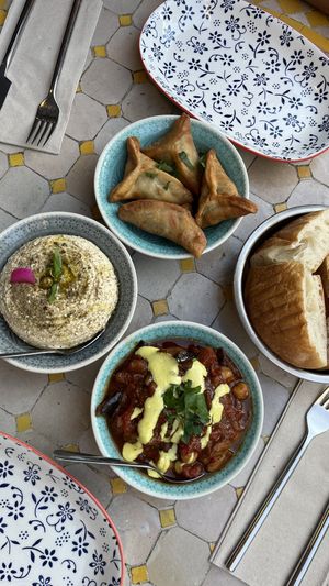 Fatayer, hummus Za’atar, moussaka and complementary fluffy warm bread  at Za Zaa - Petersgraben in Basel