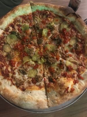 Pickle back pizza with vegan UnMoo cheese and soy sausage. Favorite vegan pizza I’ve had.  at The Hop in Richmond