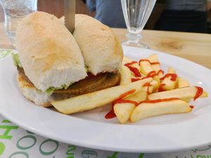 Italian sandwich (I think it was churrasco) with some fries (usually they give more but I wanted just a few) at Suculenta Sangucheria Vegana in Santiago
