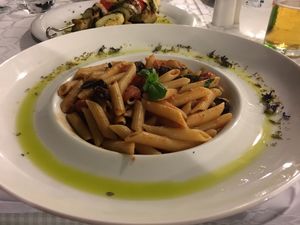Penne with tomato sauce  at Vassilikos in Santorini