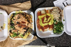 Black Bean Nachos and enchiladas at Sunshine's Health Food Store and Vegetarian Deli in Houston