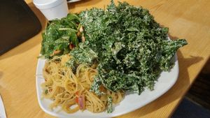 Garlic Kale Salad, Spinach and Mushrooms, and Bean Threads  at Sunshine's Health Food Store and Vegetarian Deli in Houston