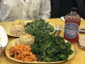 Vegan hummus, carrot/ raisin, kale salad (front); vegan nut pate, potato, kale  at Sunshine's Health Food Store and Vegetarian Deli in Houston