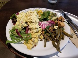 Green beans w/ walnuts, tofu cubes, curry chickpeas, mixed green salad, tofu egg salad at HILTL - Sihlstrasse in Zurich