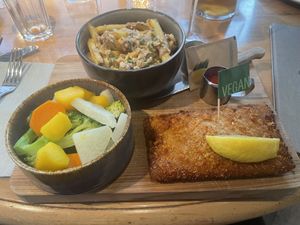 Vegan cordon blue with truffle fries and veggies  at HILTL - Sihlstrasse in Zurich