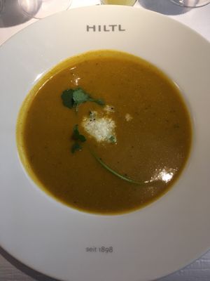 Pumpkin coconut soup at HILTL - Sihlstrasse in Zurich