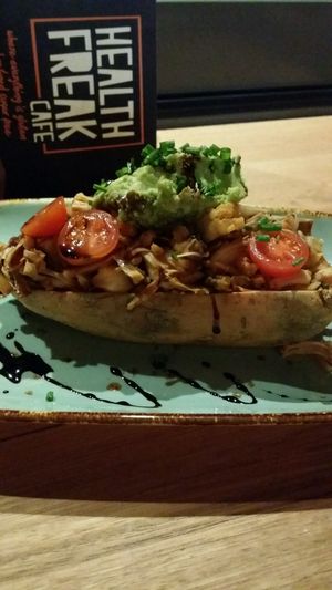 Vegan Jackfruit Stuffed Baked Sweet Potato at Health Freak Cafe in Scarborough