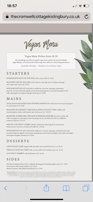 Vegan Menu  at The Cromwell Cottage in Kislingbury